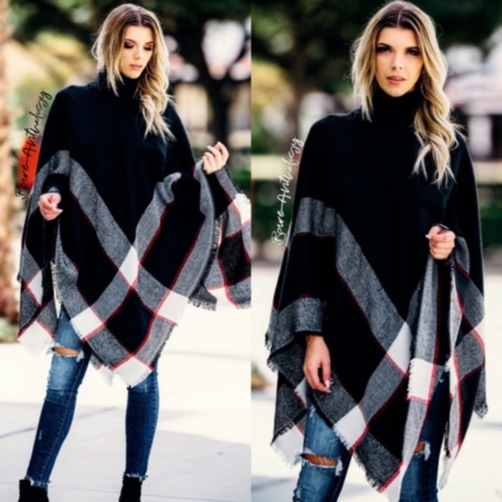 030 Cozy plaid Turtleneck frayed hem Poncho - Picture 4 of 9